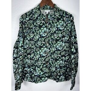 Charter Club Black Green Blue Floral Print Button Front Jacket Women's Size L